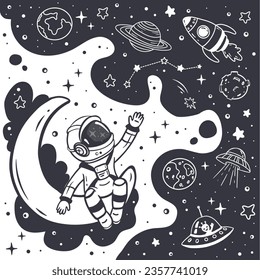 Cute cartoon astronaut sitting on the moon. Illustration of the moon and stars, UFO and planets. Space elements for your design. Vector