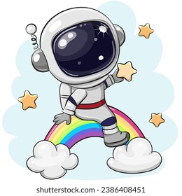 Cute Cartoon astronaut is sitting on the rainbow