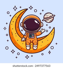 Lindo astronauta de dibujos animados sentado en la luna creciente