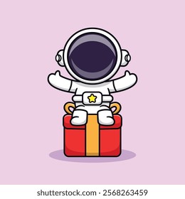 Cute Cartoon Astronaut Sitting On Gift Box Vector Icon Illustration. Science Holiday Icon Concept Isolated Premium Vector. Science Cartoon Style
