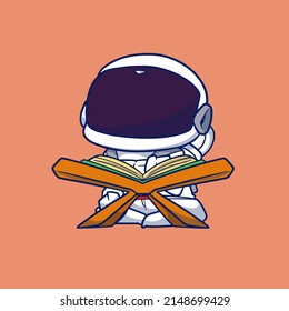 cute cartoon astronaut sitting and reading the holy book