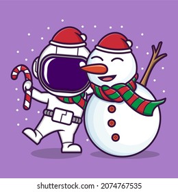 cute cartoon astronaut with snowman on christmas. vector illustration for mascot logo or sticker