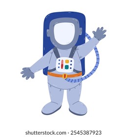 Cute cartoon astronaut in space suit waving welcome and going to cosmos. Friendly cosmonaut character in childish style. Hand drawn colorful universe clipart isolated on white background.