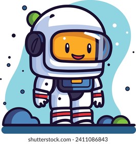 Cute cartoon astronaut standing on surface with stars, smiling character in space. Child-friendly space explorer, adventure in cosmos vector illustration.