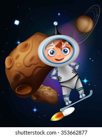 Cute cartoon astronaut surfing on jet board in front of asteroid