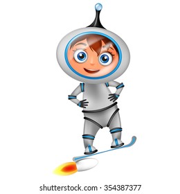Cute cartoon astronaut surfing on jet board isolated