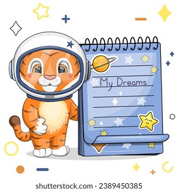 A cute cartoon astronaut tiger with a blue notebook with stickers. Vector illustration of an animal on a white background with stars, circles.