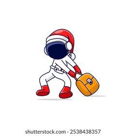 Cute cartoon astronaut using Christmas attributes, carrying suitcase to go on vacation 