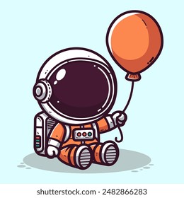 Cute Cartoon Astronaut wearing orange suit sitting and holding a balloon