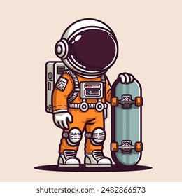 Cute Cartoon Astronaut wearing orange suit holding skateboard