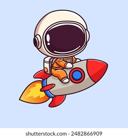 Cute Cartoon Astronaut wearing orange suit riding rocket