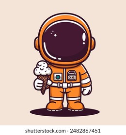 Cute Cartoon Astronaut wearing orange suit holding ice cream