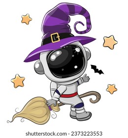 Cute Cartoon astronaut in a witch hat is flying on a broom