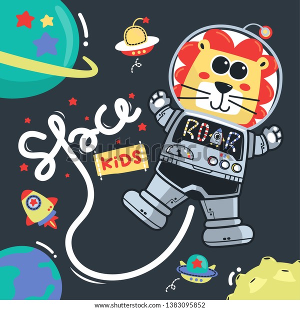 Cute Cartoon Astronauts Lion Space Planet Stock Vector Royalty Free