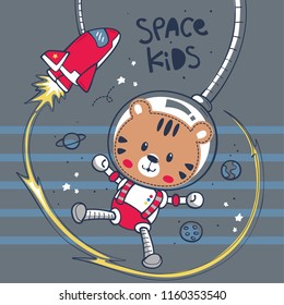 Cute cartoon astronauts tiger in space on striped background illustration vector.
