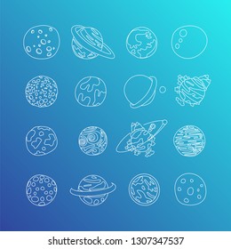 Cute cartoon astronomy planet icon set. Cartoon icons of different doodle planets, exo planets, planetary rings, satellites,