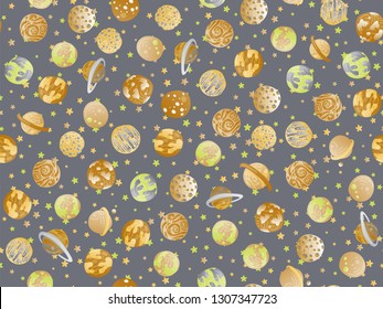 Cute cartoon astronomy seamless pattern. Background with colored solar system planet and exo planets, asronomical, astronomy cute pattern. Back to school astronomy seamless pattern
