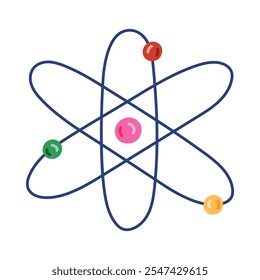 Diagrama de átomo de desenho animado com nêutrons, prótons e elétrons. Estrutura atômica desenhada à mão como sinal de ciência, física, química e modelo nuclear. Clipart científico isolado no fundo branco.