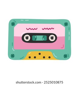 Linda cinta de audio de dibujos animados de la estética Y2k. Casete retro, mixtape de música como símbolo de los años 90 y 00. Dibujado a mano dispositivo estéreo aislado sobre fondo blanco. Nostalgia por el vintage y el ambiente de los 90.