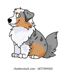 Cute cartoon Australian Shepherd sitting puppy vector clipart. Pedigree kennel doggie breed for kennel club. Purebred domestic dog training for pet parlor illustration mascot. Isolated canine hunting.