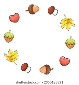 Cute cartoon autumn frame. Vector illustration with acorn, mushroom, nut, leaf, heart on white background.