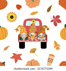 Cute cartoon autumn gnomes in vintage red pickup truck, color autumn pumpkins, coffee in a cup, pumpkin pie, and fallen leaves. Vector seamless pattern.