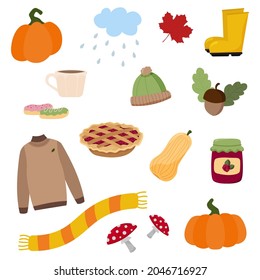 Cute cartoon autumn icon and objects set for design. Raspberry, acorn, pumpkin, sweater, weather, october