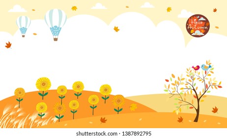 Cute cartoon Autumn landscape with copy space, Vector Hello Autumn with hot air balloons and yellow sunflowers field, Autumn or Fall for Banner, Sale, Card and template background 