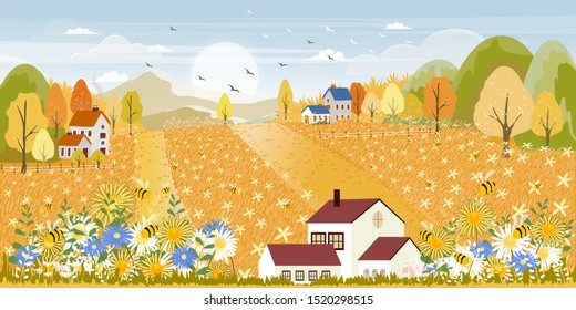 Cute cartoon Autumn landscape of farm field and wild flowers with family bee flying, Lovely card with sun shine in mid fall season with honey Bee collecting pollen on flowers in sunny day.