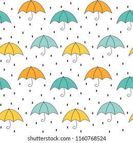 cute cartoon autumn seamless vector pattern background illustration with umbrellas and rain