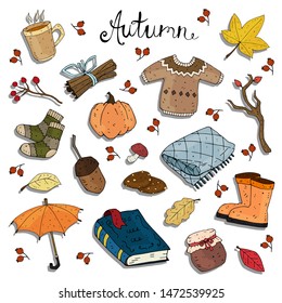 Cute cartoon autumn set with themed elements and the inscription. vector illustration.