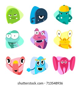 Cute cartoon avatars and icons. Monster faces vector set. Collection of face monsters illustration