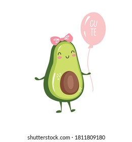 Cute cartoon avocado with balloon illustration. Funny vector fruit character. Kawaii design. Kids print, greeting card, vegan poster, vegetarian banner.