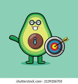 Cute cartoon avocado businessman holding target and arrow with happy expression in 3d modern style