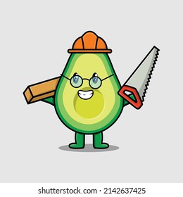 Cute cartoon avocado as carpenter character with saw and wood in 3d modern style design