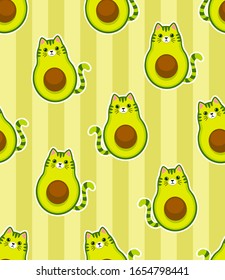 Cute cartoon avocado with cat muzzle, ears and tail. Vector seamless pattern.