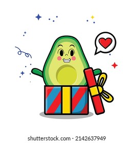 Cute cartoon avocado character coming out from big gift box look happy in concept 3d cartoon style