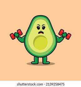 Cute cartoon avocado character is fitness with barbell in modern style design