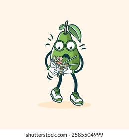 A cute cartoon avocado character with glasses eagerly eats a bowl of noodles, appearing surprised and delighted.