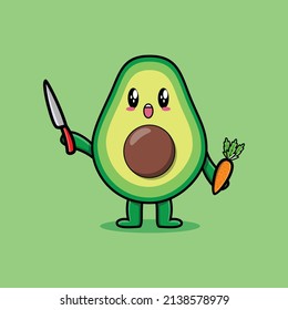 Cute cartoon avocado character holding knife and carrot in modern style design
