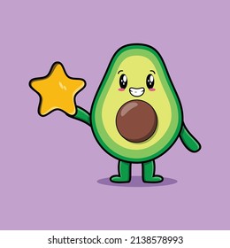 Cute cartoon avocado character holding big golden star in cute modern style design