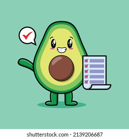 Cute cartoon avocado character holding checklist note in concept 3d cartoon style