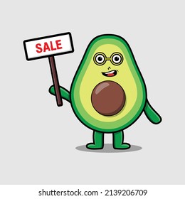 Cute cartoon avocado character holding sale sign designs in concept 3d cartoon style