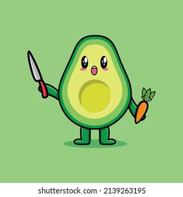 Cute cartoon avocado character holding knife and carrot in modern style design