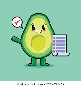 Persona de aguacate de dibujos animados lindo sosteniendo una nota de la lista de verificación en el estilo de dibujos animados 3d