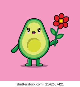Cute cartoon avocado character holding red flower in concept 3d cartoon style