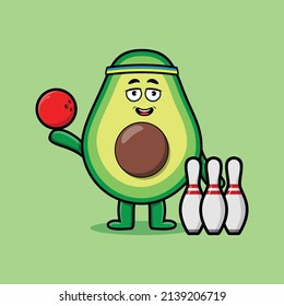 Cute cartoon avocado character playing bowling in 3d modern style design