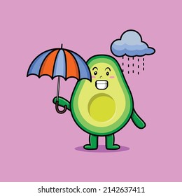 Cute cartoon avocado character in the rain and using an umbrella in 3d modern style design