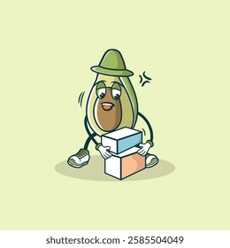 A cute cartoon avocado character wearing a hat and glasses struggles to lift two boxes.