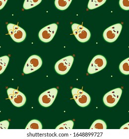 Cute cartoon avocado characters and dots seamless pattern background for vegan, cooking, dieting, healthy food design.